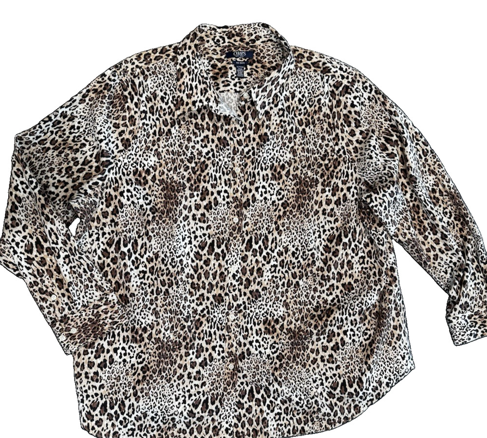 CHAPS Black Brown Animal Print Long Sleeve No Iron Button Shirt Women's 2X